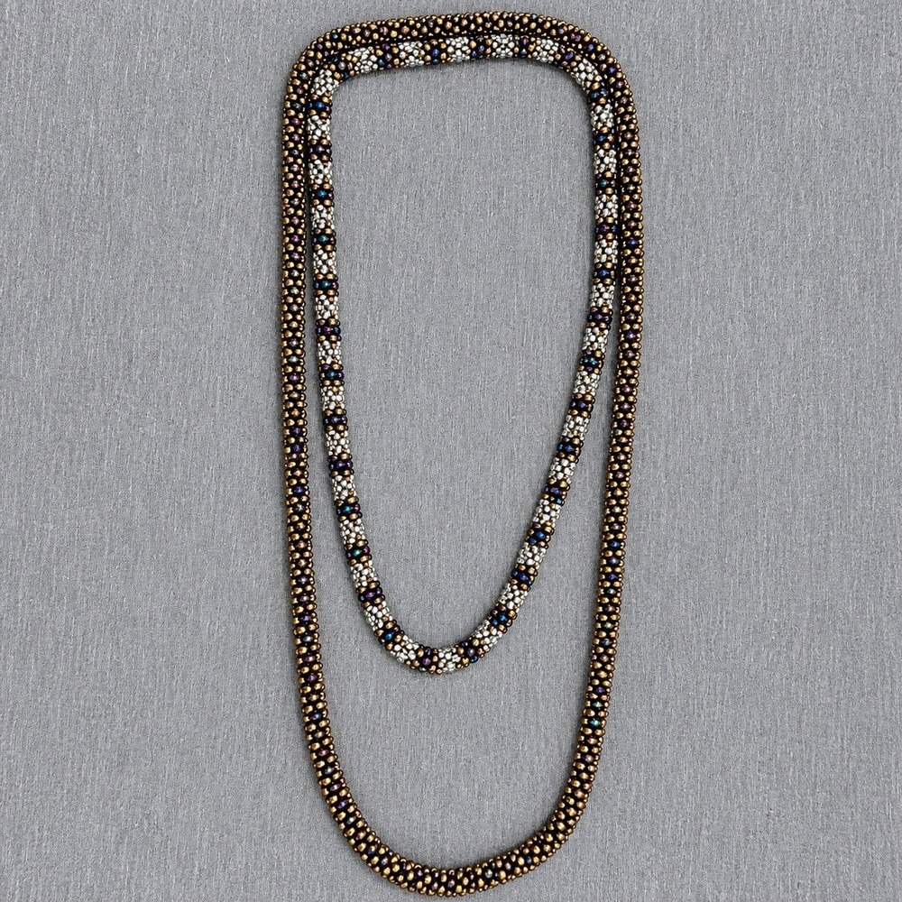 Handmade Beaded Rope Necklace Set Bronze White Iridescent Seed Bead 2 Piece